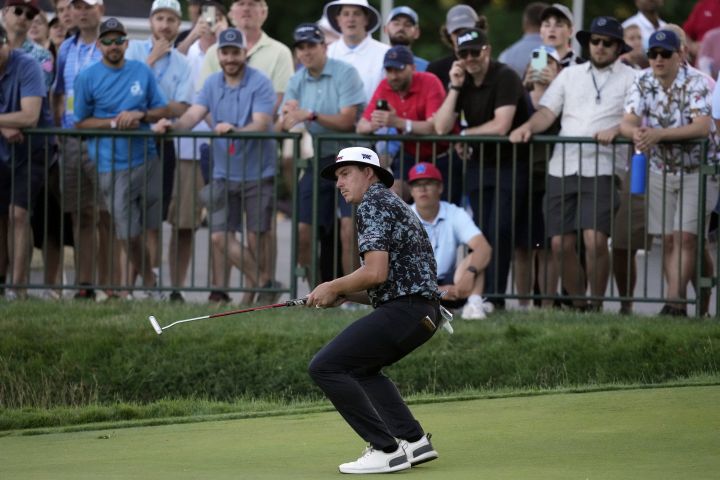 Joel Dahmen reacts after missing a putt on the 18th hole during the second round of the U.S. Open golf tournament at The Country Club, Friday, June 17, 2022, in Brookline, Mass. 