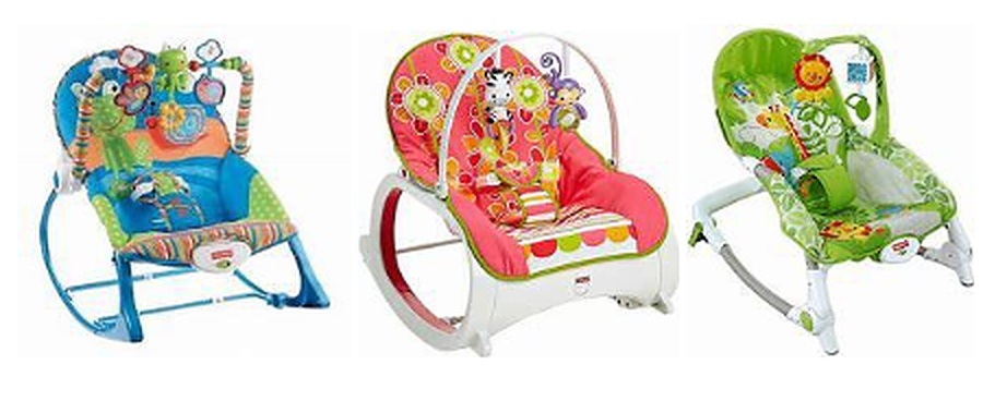 Fisher-Price Infant-to-Toddler Rocker (left and center), Fisher-Price Newborn-to-Toddler Rocker (right).