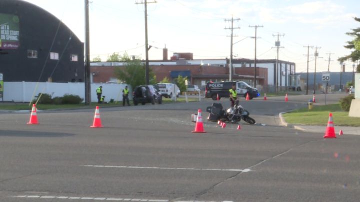 Edmonton police had pylons set up in the area of 111 Avenue and 120 Street on Friday evening and appeared to be investigating a crash involving a motorcycle.