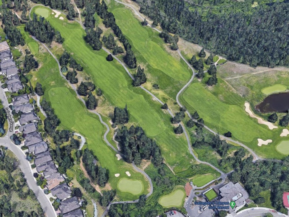 A satellite view of part of Gallagher’s Canyon Golf Course in Kelowna, GolfBC, which owns the golf course, says it paid $15,300 last year in water fees, but is predicting it will pay $34,000 this year, $51,000 in 2023 and $74,800 in 2024.