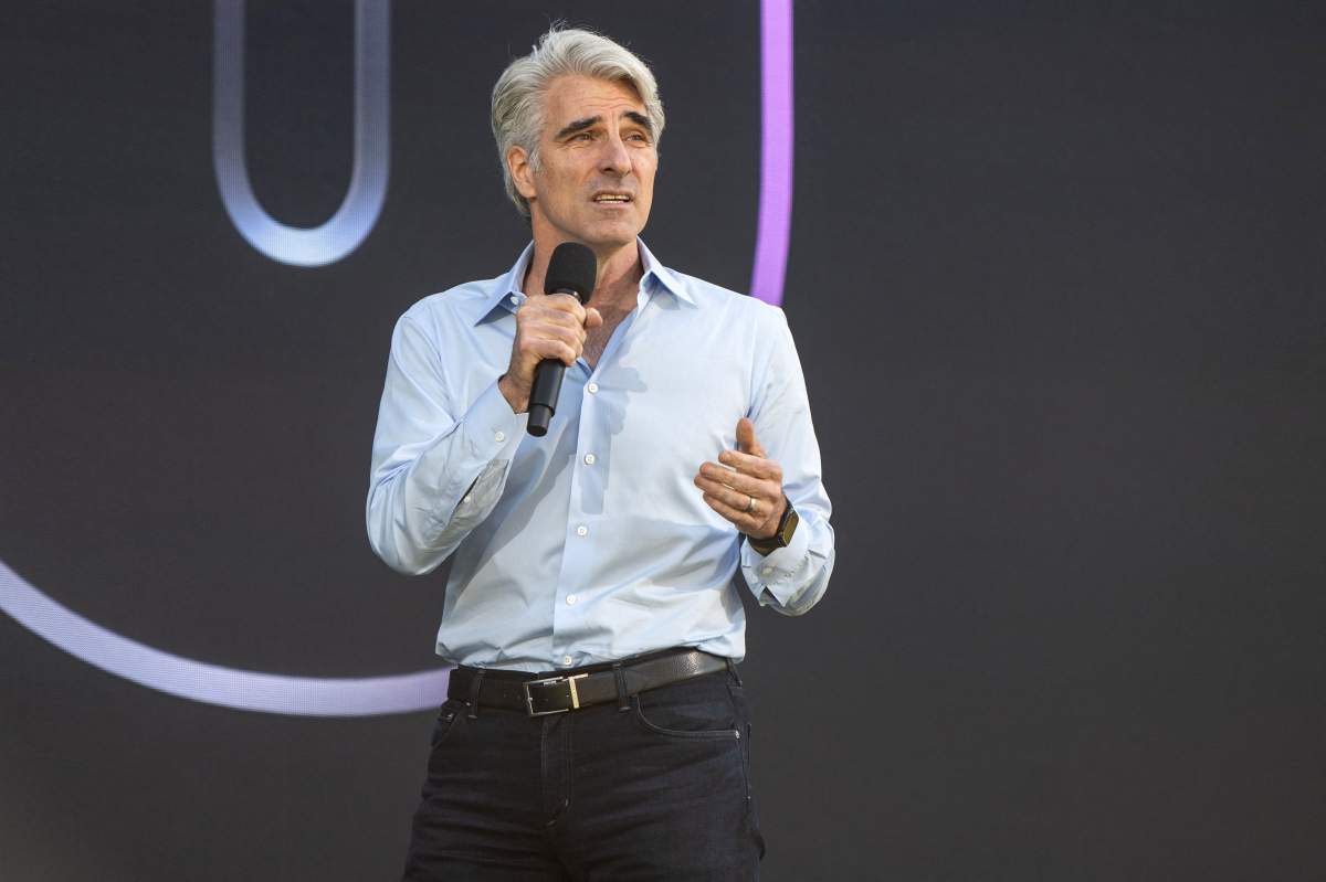 Craig Federighi, Senior Vice President of Software Engineering at Apple Inc., speaks on stage at the 2022 Apple Worldwide Developers Conference (WWDC) at the Apple Park campus in Cupertino, California, on June 6, 2022.