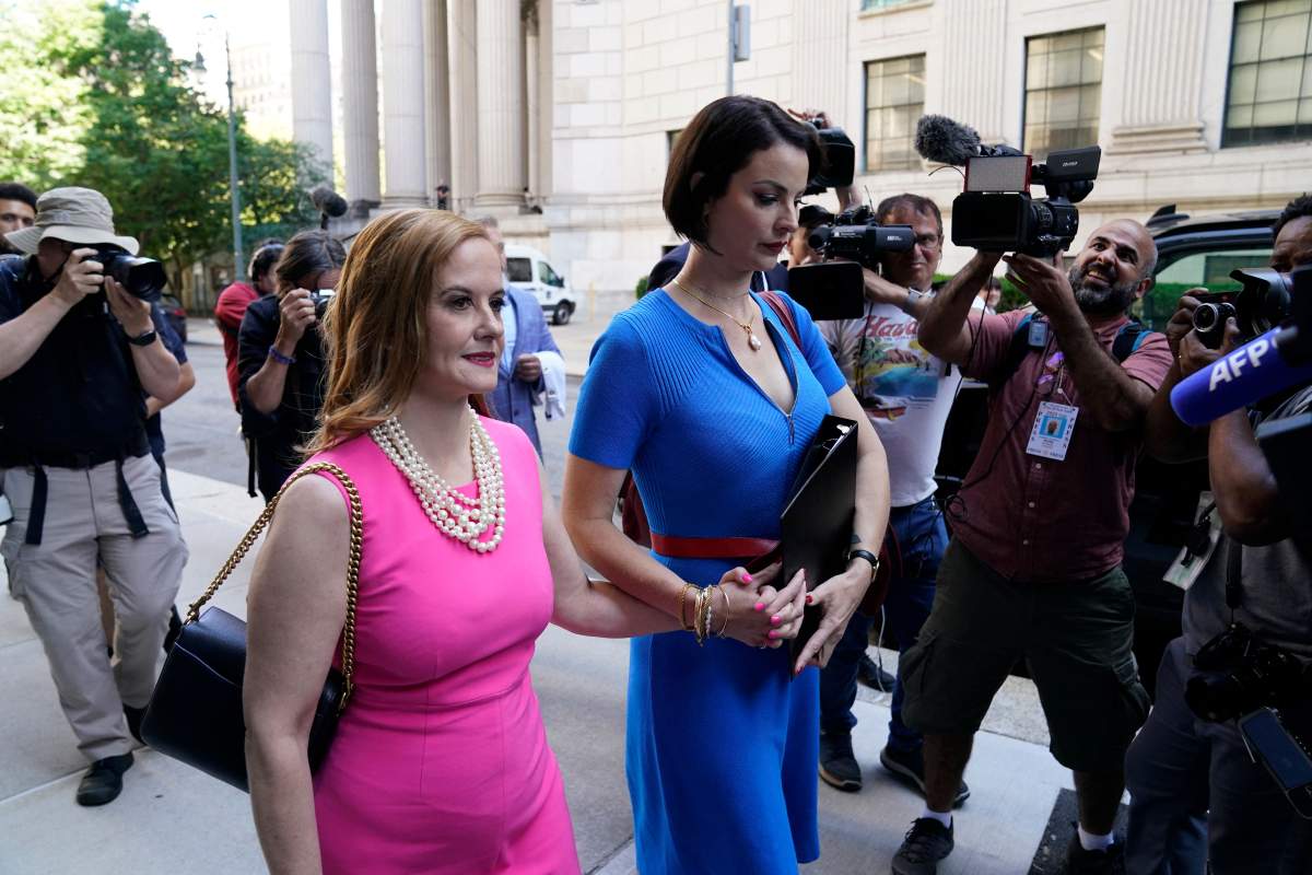 Victims Sarah Ransome (R) and Elizabeth Stein arrive at US District Court for the Southern District of New York on June 28, 2022, for the sentencing hearing of Ghislaine Maxwell.