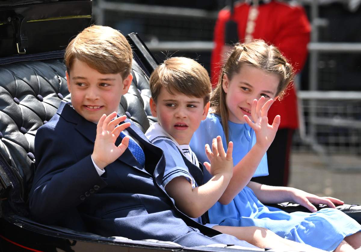 Prince George, Prince Louis and Princess Charlotte in the carriage procession at Trooping the Colour during Queen Elizabeth II Platinum Jubilee on June 02, 2022, in London, England.
