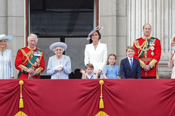Member of the royal family appear on the balcony of Buckingham Palace watch the RAF flypast during the Trooping the Colour parade on June 02, 2022 in London, England.