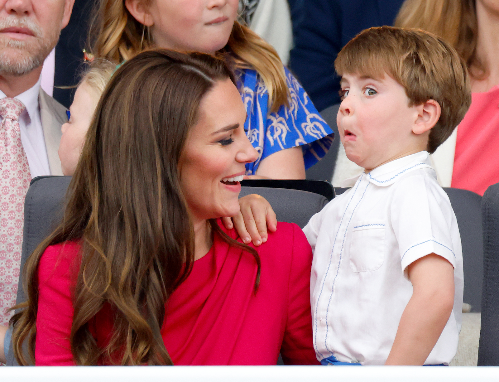 Catherine, Duchess of Cambridge and Prince Louis of Cambridge attend the Platinum Pageant on The Mall on June 5, 2022 in London, England.