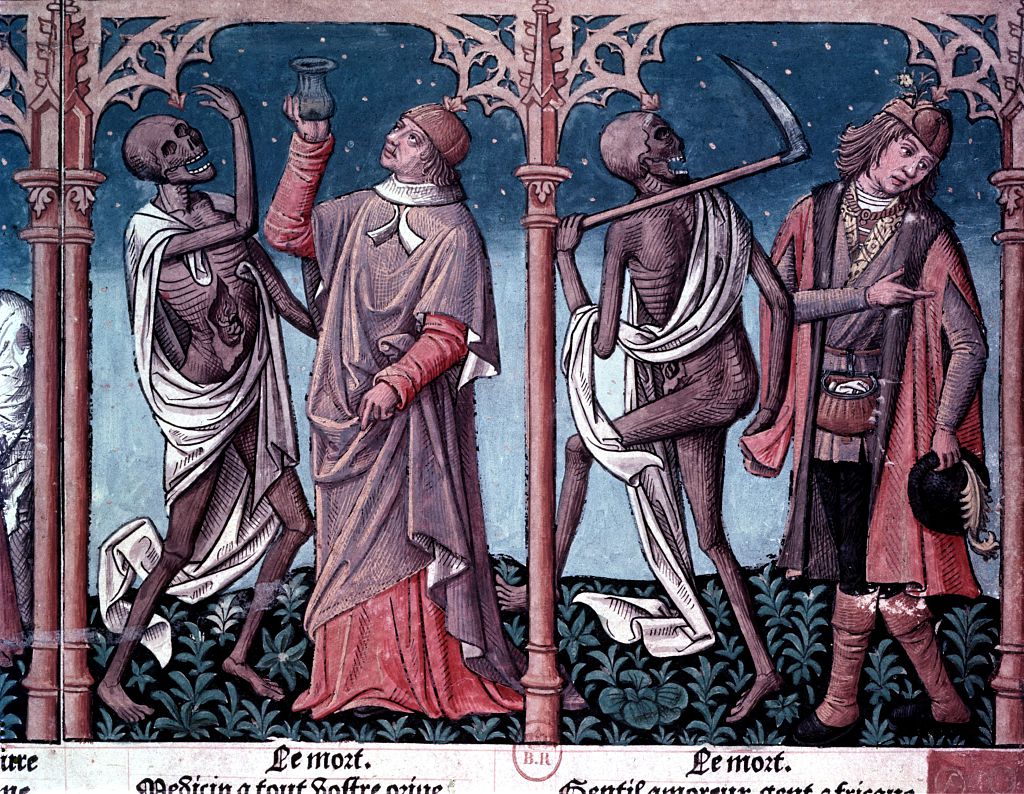 A copy of Charles VII's Bible, showing a danse macabre: a popular motif of dancing skeletons in post-Black Death Europe, influenced by the wave of death that came with outbreaks of the bubonic plague. 