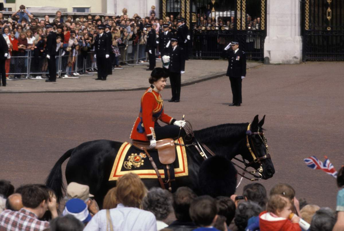 Queen Elizabeth II rides her horse, Burmese.