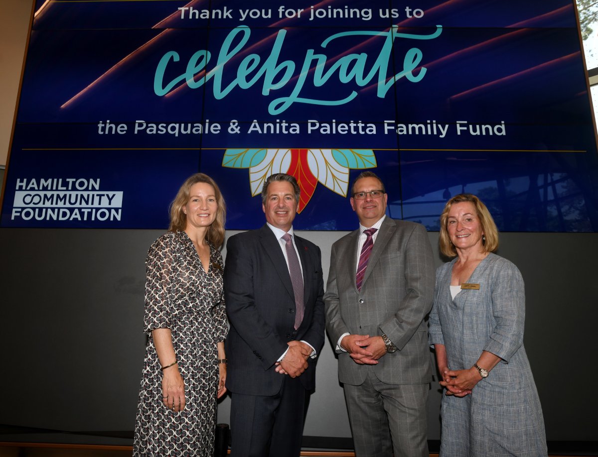 Hamilton Community Foundation announces the launch of the Pasquale and Anita Paletta Family Fund on June 22, 2022. From left to right: Sarah Murphy, board chair of the Hamilton Community Foundation, Paul Paletta, Michael Paletta, Cheryl Jensen, vice-chair of the Hamilton Community Foundation.
