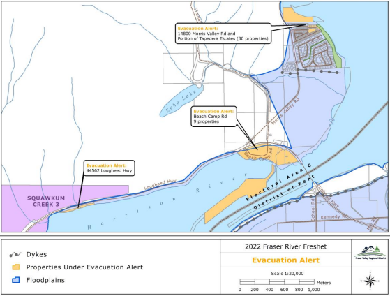 The Fraser Valley Regional District issued an evacuation alert for several locations in the Harrison Mills area on Tues. June 28, 2022, due to rising water levels in the Harrison River.