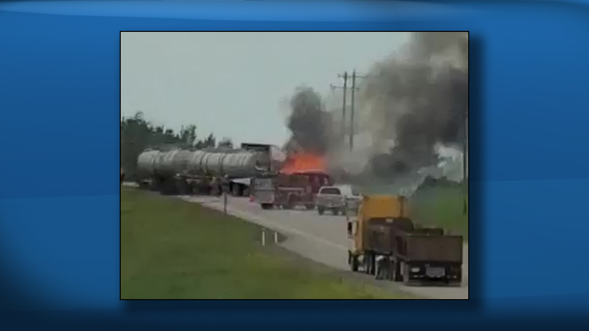 A man died in a fiery collision between a pickup truck and tractor trailer hauling an empty Super B tank on Highway 28, north of Redwater at Township Road 582, on Tuesday, June 28, 2022.