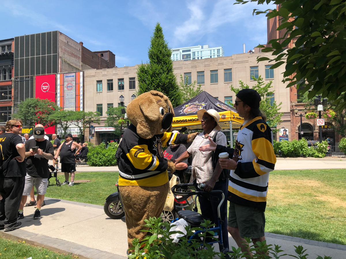 Bulldogs mascot Bruiser meets some fans in Gore Park.