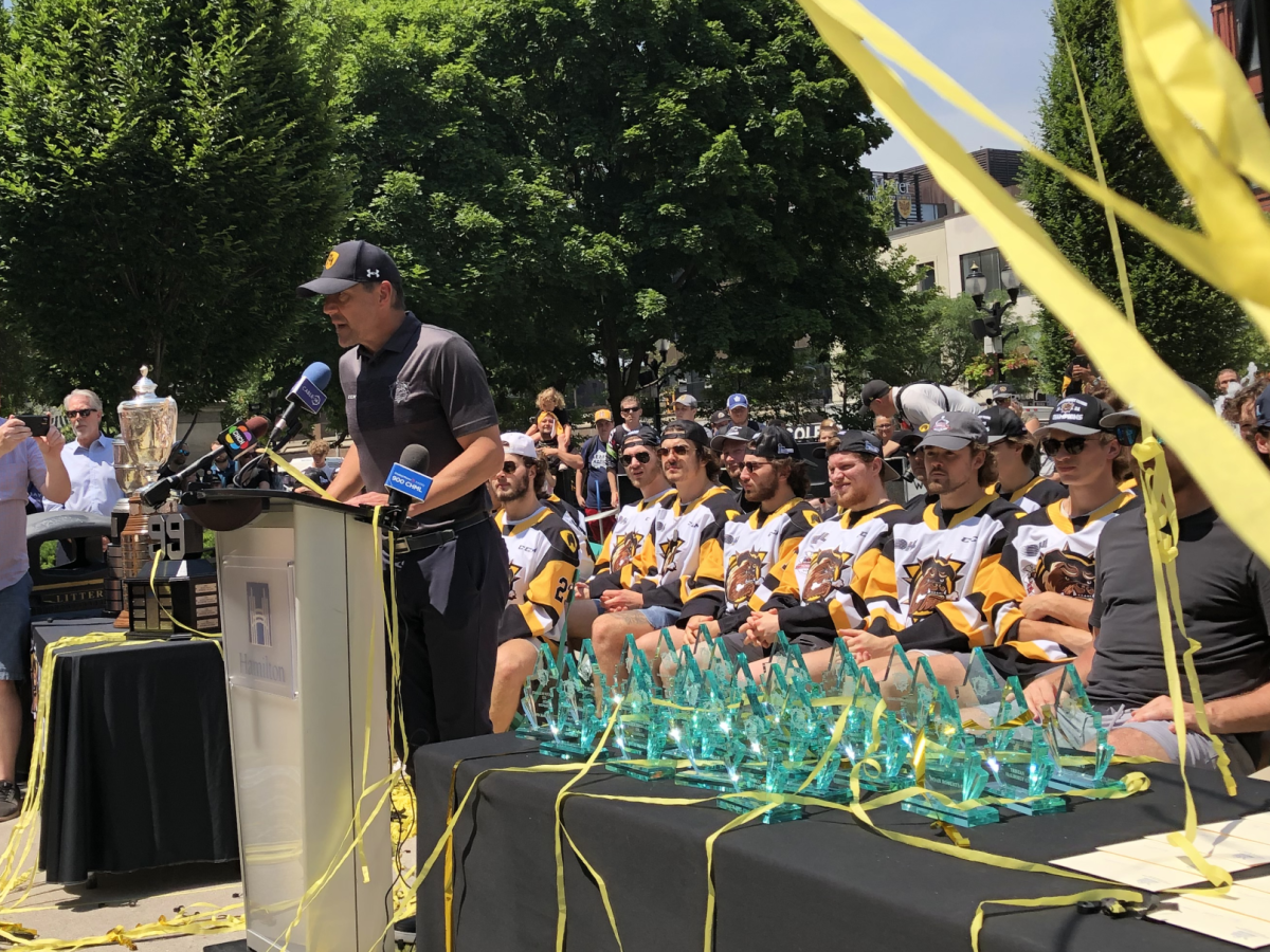 Bulldogs president and general manager Steve Staios addresses the crowd.