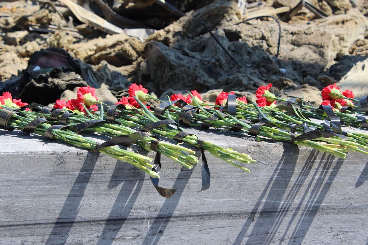 Carnations at the scene of a Russian missile strike on a shopping mall in Kremenchuk, Ukraine, on Sunday.