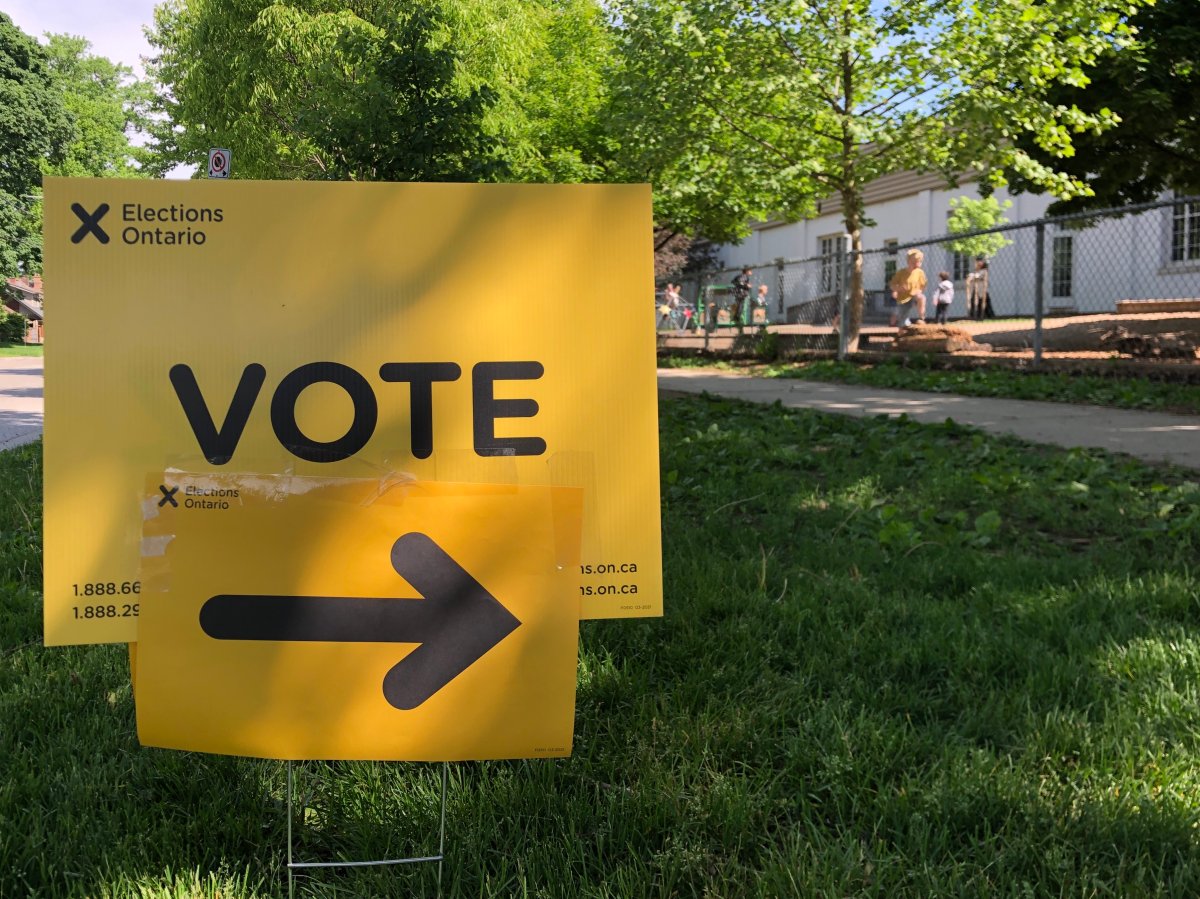Voting sign outside Old North Secondary School in London, Ont., June 2, 2022.