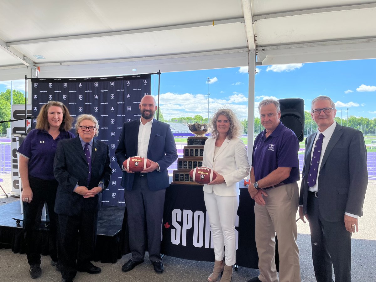 From left to right: Western University sports and recreation director Christine Stapleton, London Mayor Ed Holder, London North Centre MPP Terence Kernaghan, U Sports chief sport officer Lisette Johnson-Stapley, Mustangs head coach Greg Marshall and Western president Alan Shepard.