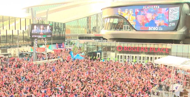 A photo of Oilers fans in Edmonton’s Ice District during the 2022 NHL playoffs.