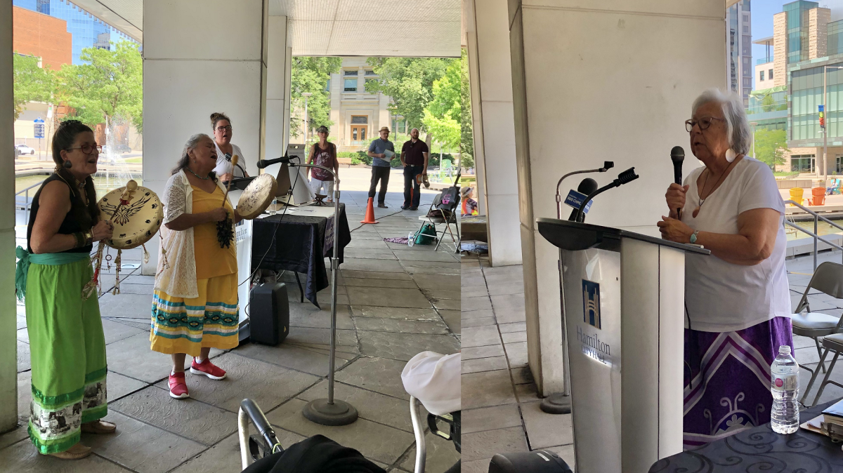 On the left, a photo of the Spirit Bear Drummers performing at Hamilton city hall. On the right, Norma Jacobs addresses those gathered for Indigenous Peoples Day.