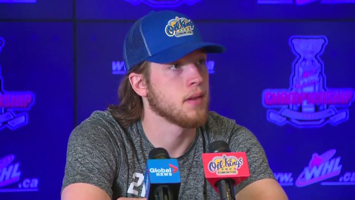 Oil Kings captain Jake Neighbours speaks to reporters in Edmonton on June 1, 2022.