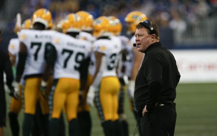 Edmonton Elks head coach Chris Jones on the sideline during the first half of pre-season CFL action against the Winnipeg Blue Bombers in Winnipeg, Friday, May 27, 2022.