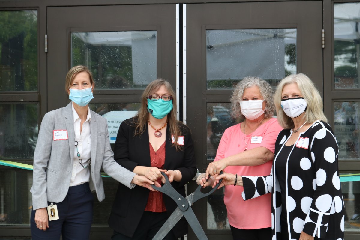 Left to Right Lori Hassall, Heather Bishop, Linda Sibley, and Beth Mitchell cutting the ribbon on the new Mental Health and Addiction Crisis Centre at 648 Huron St. June 7, 2022 .