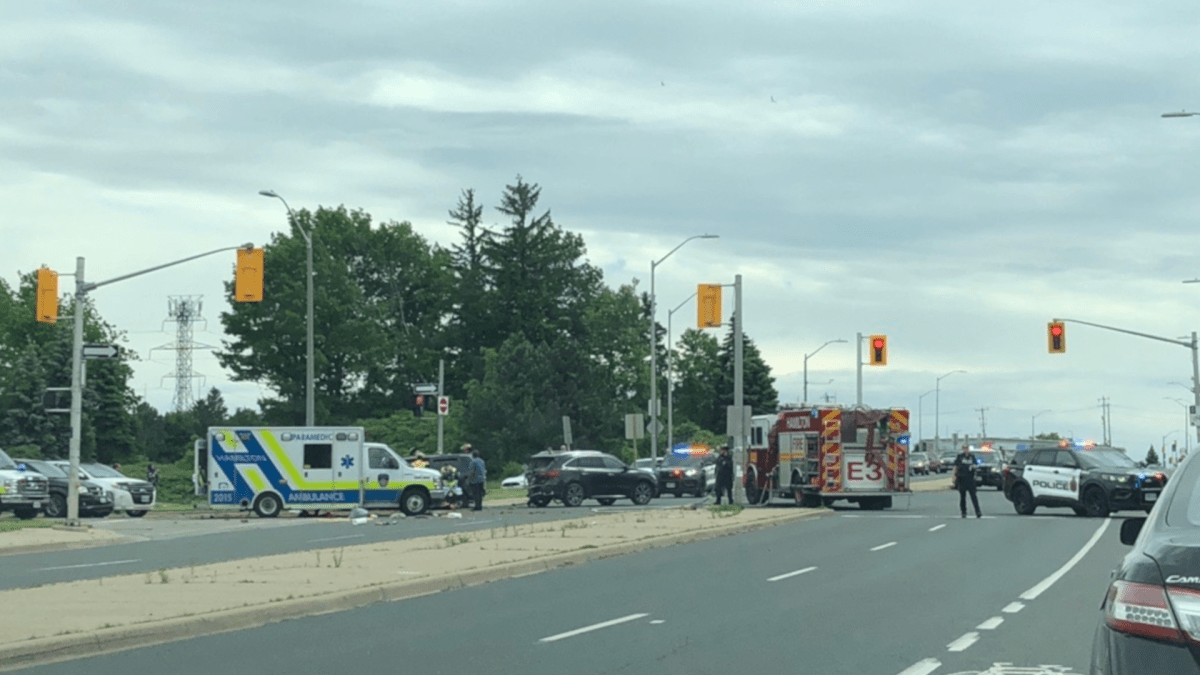 Emergency crews on scene following a crash on the westbound Lincoln Alexander Parkway exit to Mohawk Road West on Sun June 6, 2022.