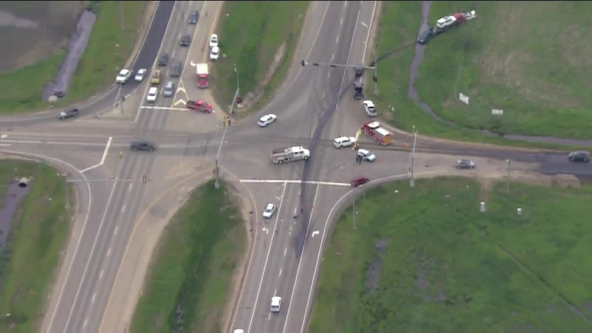 A collision at the intersection of Highway 2 and Township Road 554/Cardiff Road near Morinville, Alta. on Thursday, June 16, 2022.