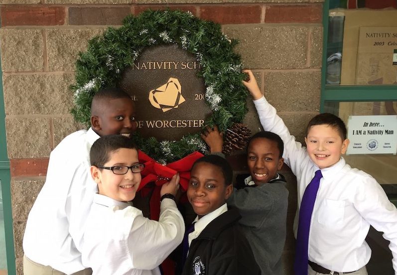 A photo of Nativity School of Worcester students in 2014. The school has been stripped of its Catholic status after a bishop took issue with the school flying Pride and Black Lives Matter flags on its campus.