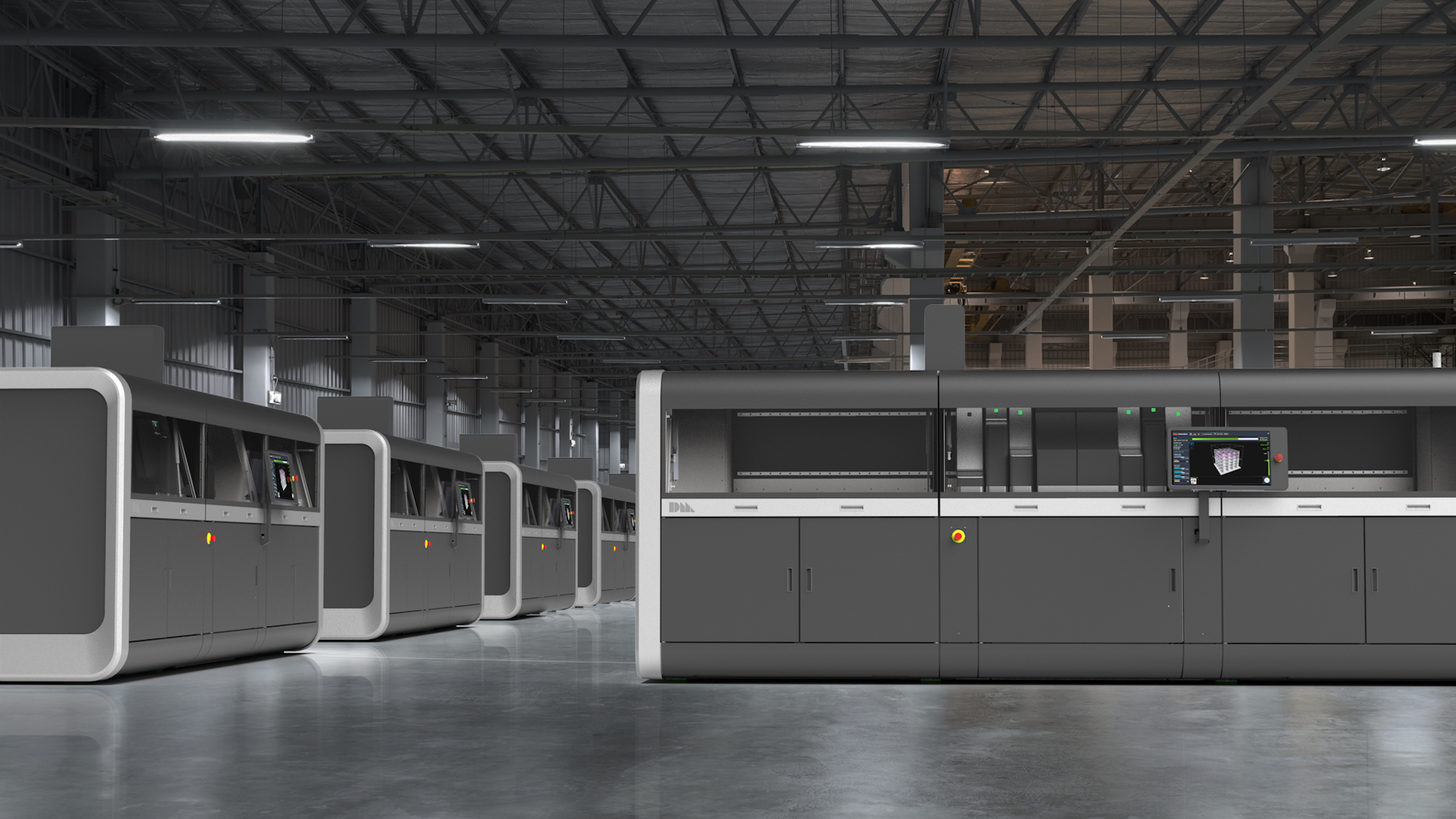 This concept photo by Desktop Metal shows an imagined ‘Factory of the Future’ with multiple rows of their full-sized Production System printers. The Production System is a high-speed metal 3D printer, designed for mass production.