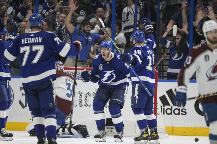 Tampa Bay Lightning right wing Corey Perry (10) celebrates a goal during the second period of Game 3 of the NHL hockey Stanley Cup Final against the Colorado Avalanche on Monday, June 20, 2022, in Tampa, Fla.