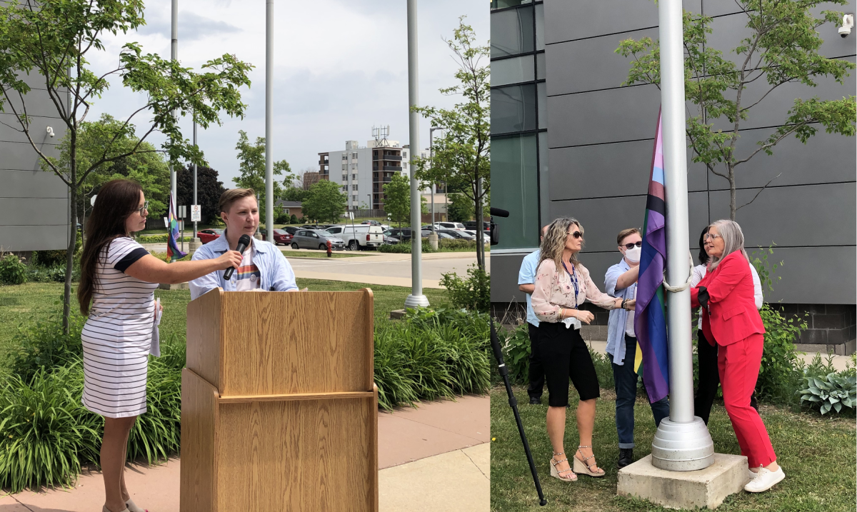 Two images - one of a youth standing at a podium while a woman holds up a microphone so the youth can speak, the other shows a group of people gathered around a Pride flag attached to a pole, raising it into the air.