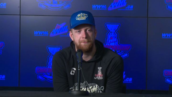 Edmonton Oil Kings defenceman Luke Prokop speaks to reporters on June 10, 2022.