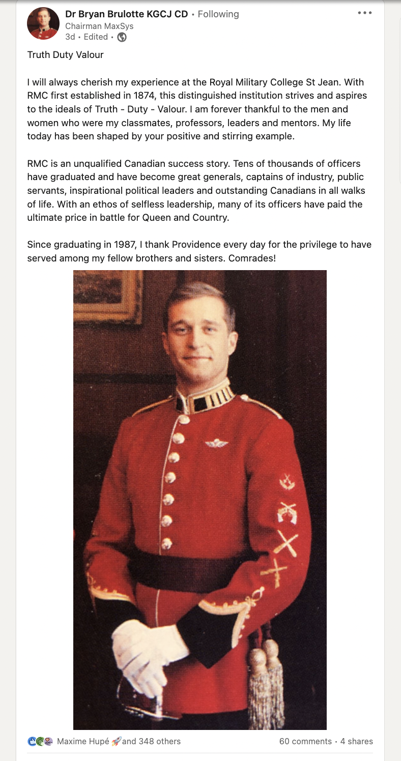 Businessman Bryan Brulotte post expressing support for RMC