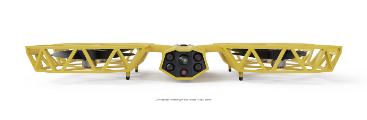 A conceptual rendering of Axon's paused Taser-equipped drone project.