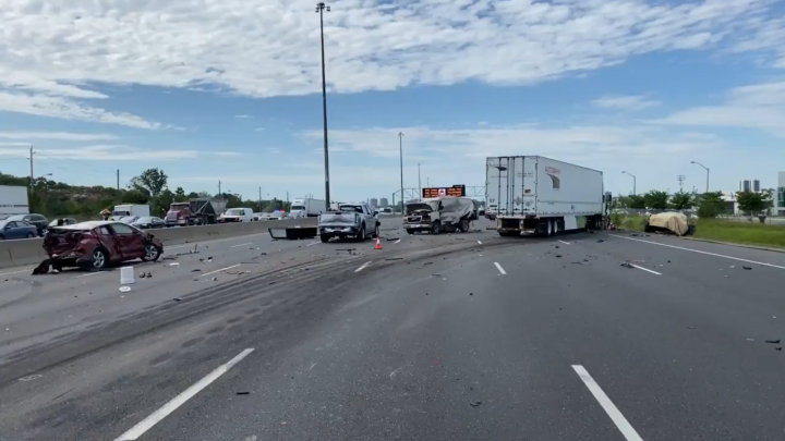 The scene of the crash in the southbound lanes of Highway 400 south of Finch Avenue on June 24, 2021.