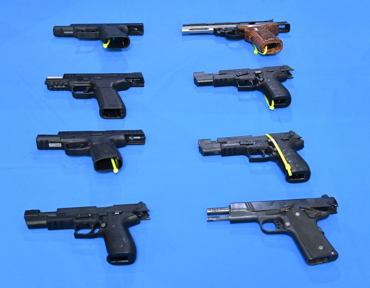 Eight of the seized firearms of the 17 Edmonton police say were fraudulently purchased. June 1, 2022.