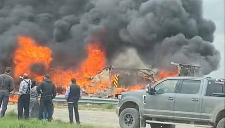 Two semi-trucks caught fire on June 16, 2022 in southern Alberta. The fires started after a crash on Highway 519 between Range Road 254 and Range Road 255.