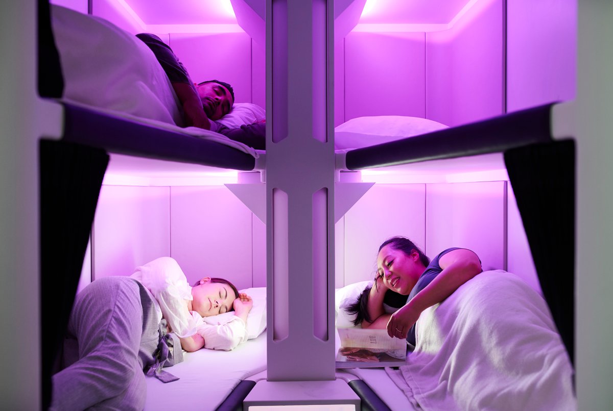 Promotional image of Air New Zealand's Skynest, a group of sleeping pods that will be offered to economy class passengers on long-haul flights.