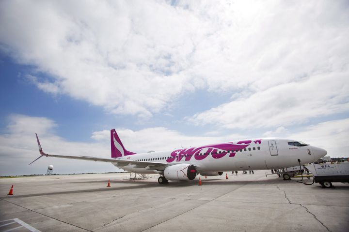 Swoop Airlines Boeing 737 on display during their media event, Tuesday, June 19, 2018 at John C. Munro International Airport in Hamilton, Ont. 