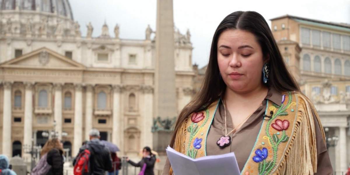 Taylor Behn-Tsakoz practices her speech to Pope Francis outside the Vatican