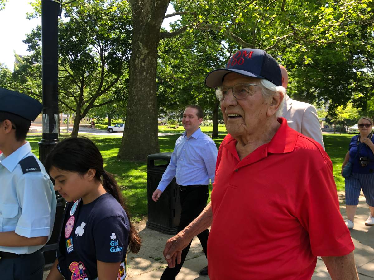 Tom Hennessy, 100, is walking 100 miles to try to raise $100,000 for homeless veterans in London Ont., Victoria Park. June 14, 2022
