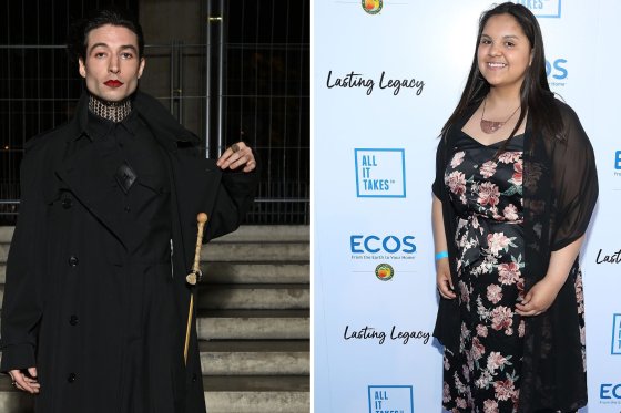 Ezra Miller (left) dressed in black and holding an umbrella at the Burberry closing party for Anne Imhof's Exhibition 'Natures Mortes'at Palais de Tokyo on October 18, 2021 in Paris, France. Tokata Iron Eyes (right) at the All It Takes Fundraiser Dinner on April 28, 2018 in Cypress, California.