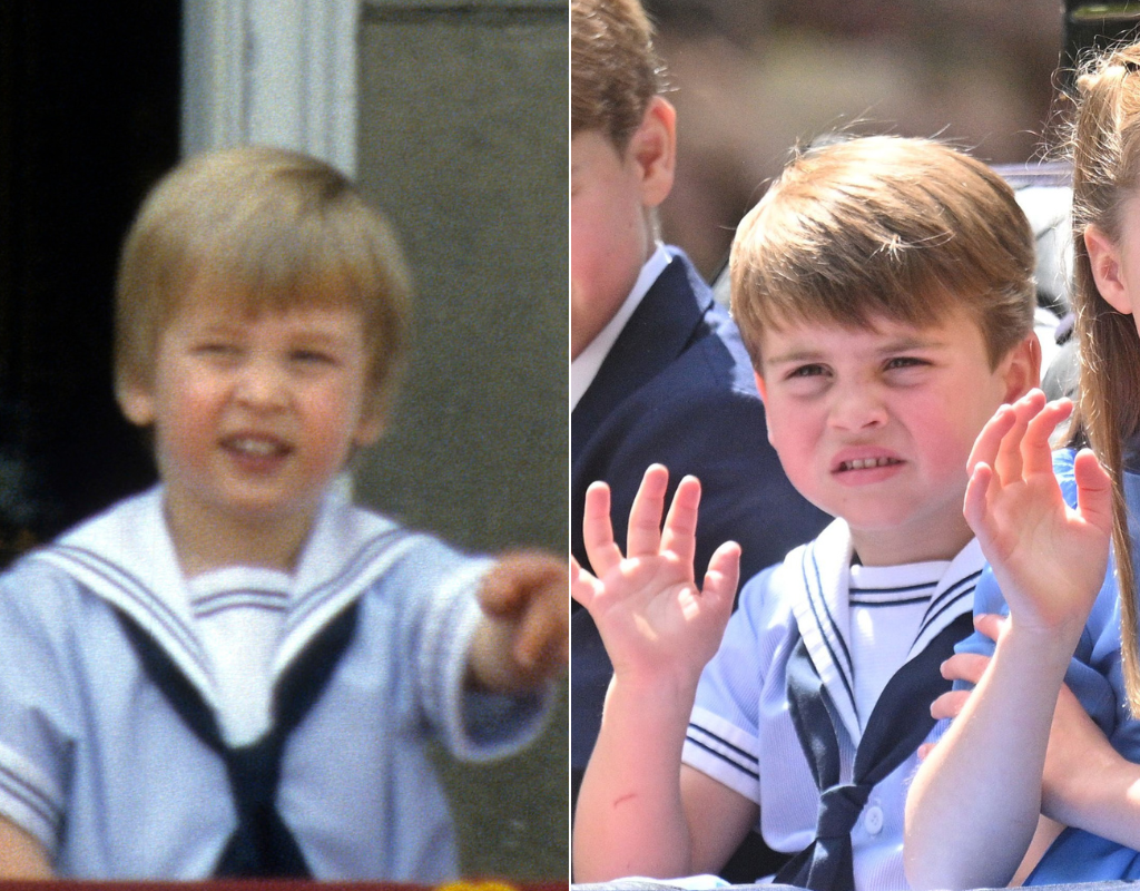 Prince William appears on the left in 1985, and Prince Louis on the right in 2022.