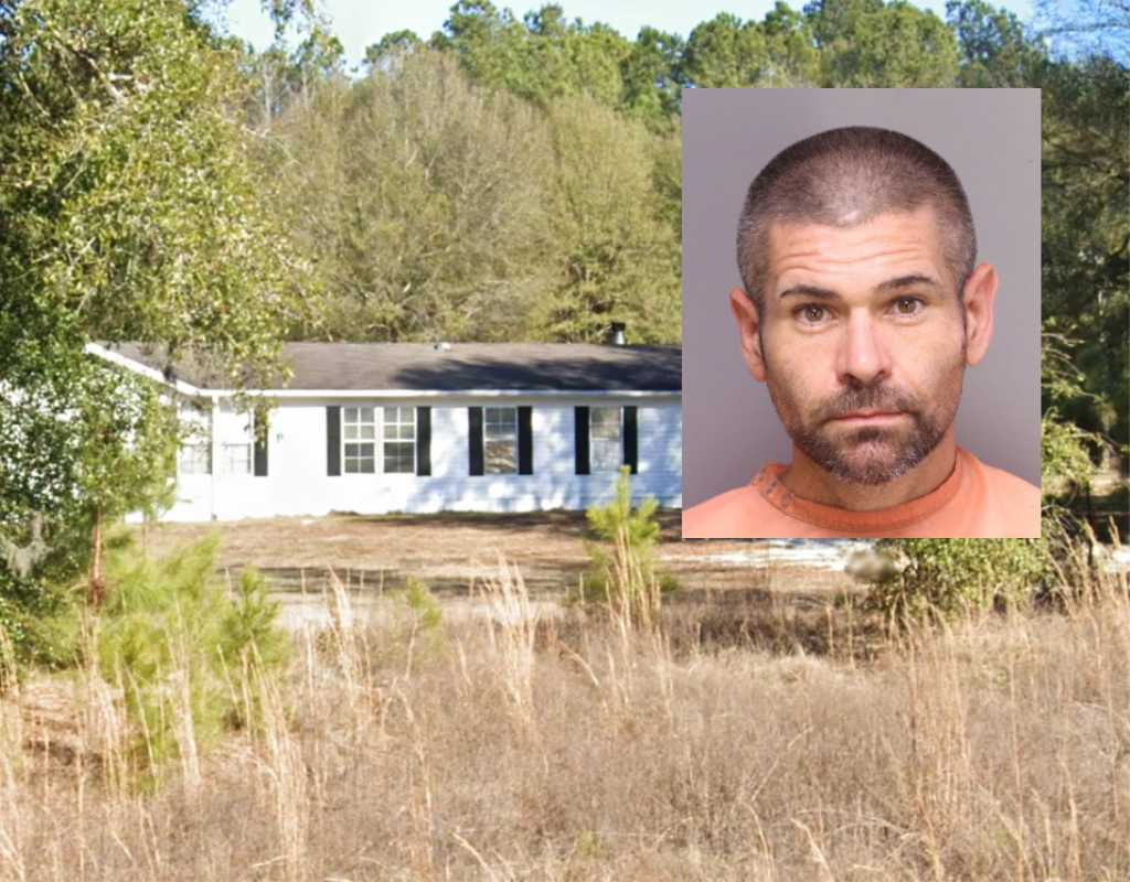 A mugshot of Charles Montgomery Allen superimposed on a Google Maps photo of his home.