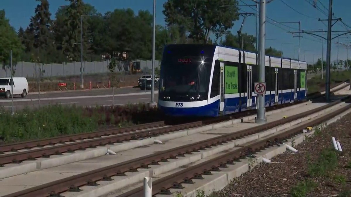 A train rides along the tracks of the Valley Line LRT along 66 Street at 34 Avenue Wednesday, June 22, 2022.