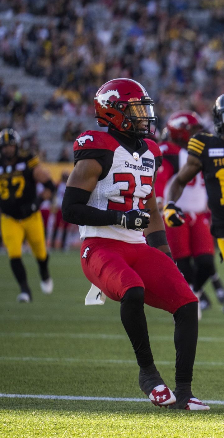 Titus Wall (32) defends during the first half of CFL football action in Hamilton, Ont., Saturday, June 18, 2022. THE CANADIAN PRESS/Mark Blinch