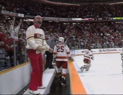 Jim 'Bearcat' Murray celebrates a Flames playoff win in 1989.