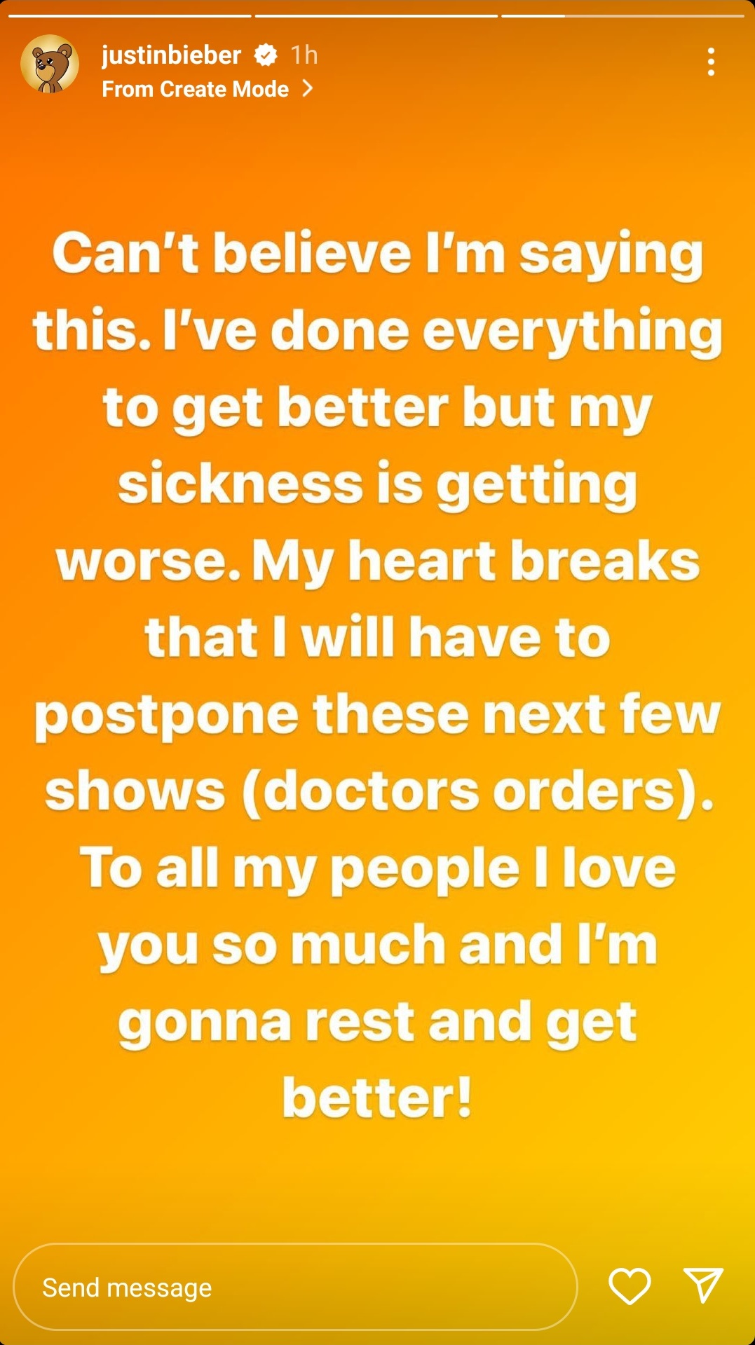 Bieber’s statement on Instagram Tuesday.