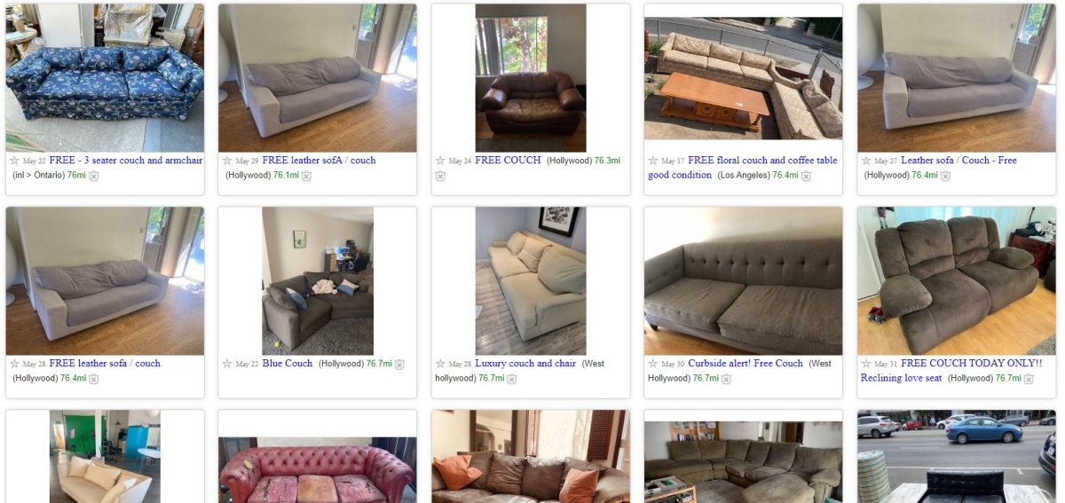 A screegrab of free couch listings on Craigslist in California.