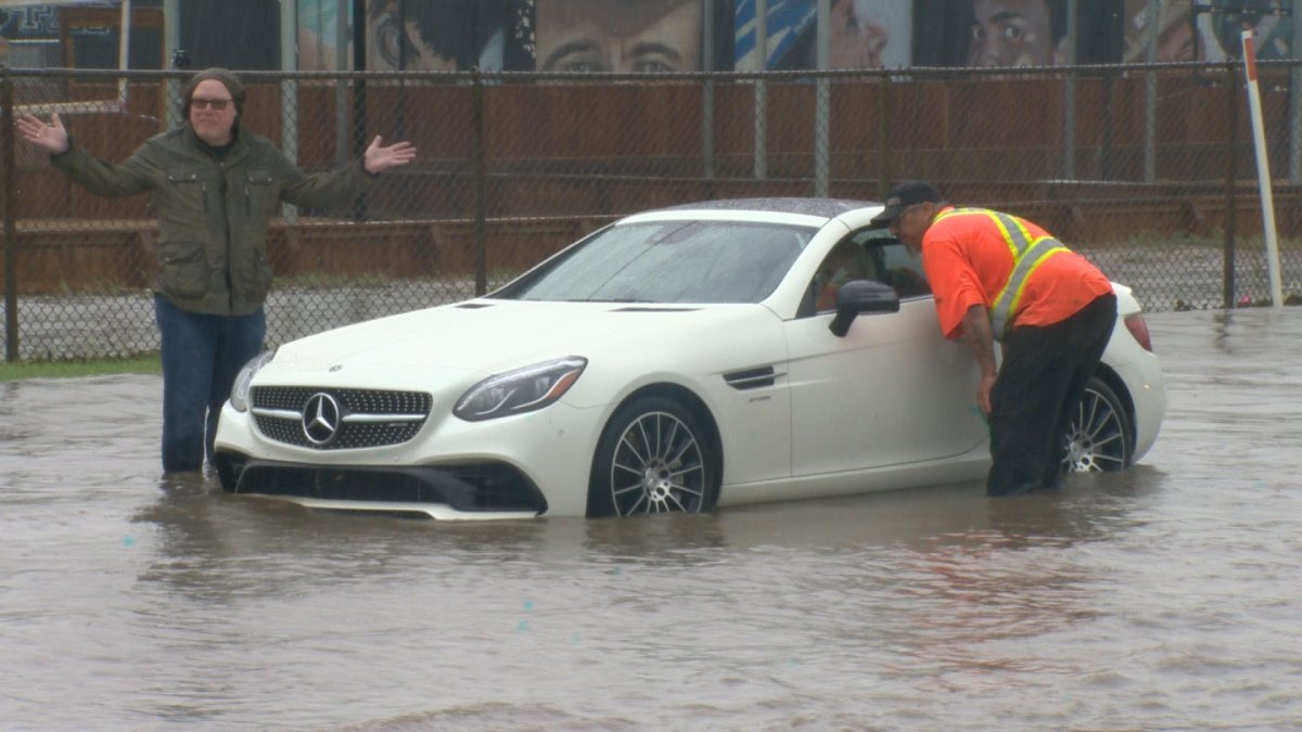 Vehicles across Saskatoon were flooded Monday as heavy rainfall impacted many parts of the city. 
