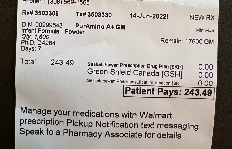 A photo of the prescription for Walker’s baby formula.